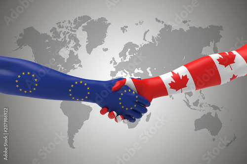 European and Canadian Handshake Bilateral talks 3D render 