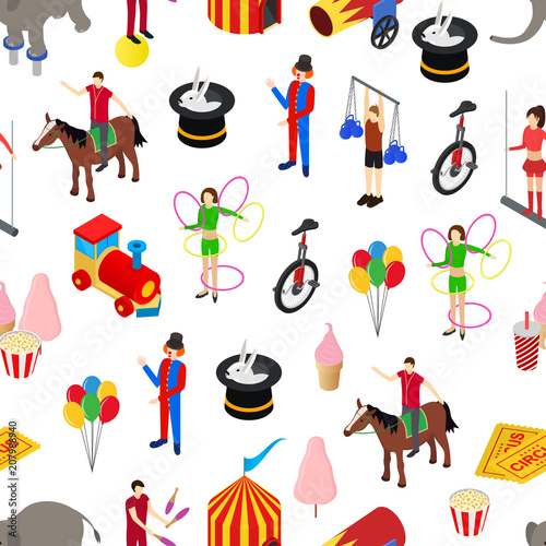 Circus Amusement and Attraction Seamless Pattern Background Isometric View. Vector