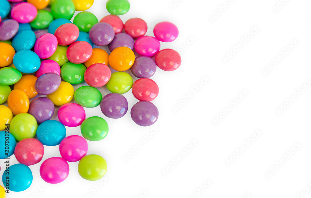 colorful chocolate coated candy isolated on white background. with copy space