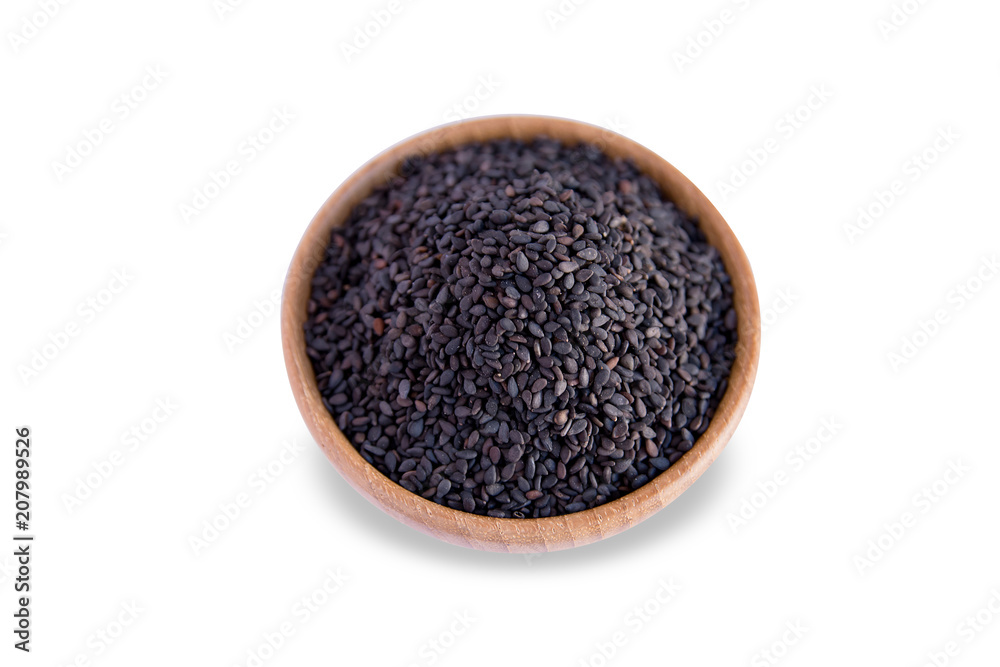 black sesame in wooden bowl isolated on white background with clipping path black sesame in wooden bowl isolated on white background with clipping path