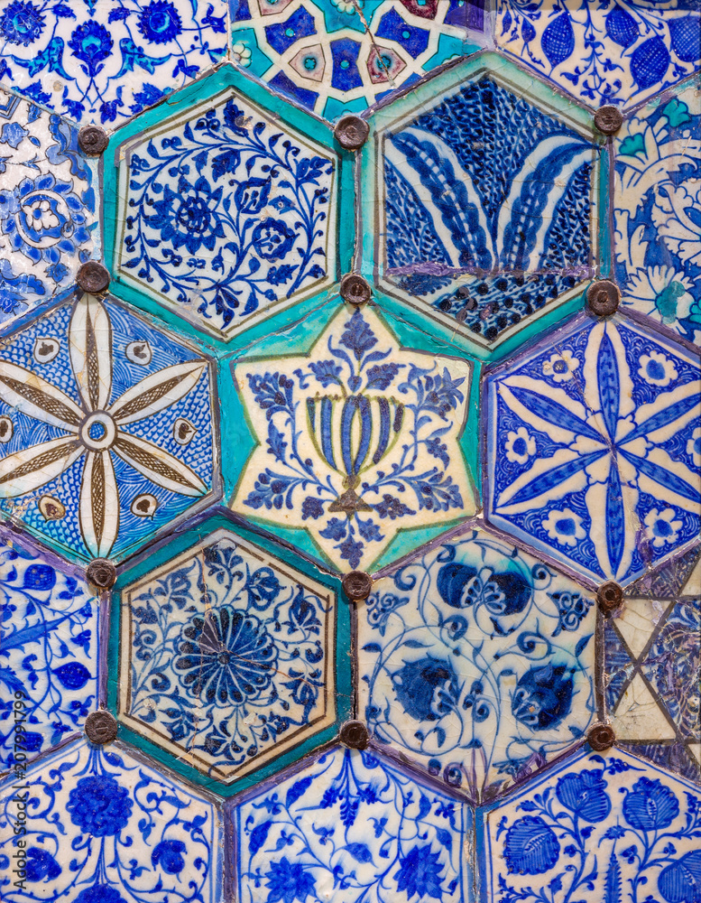 Mamluk era glazed ceramic tiles decorated with floral ornamentations, Public fountain of Qaitbay, Cairo, Egypt