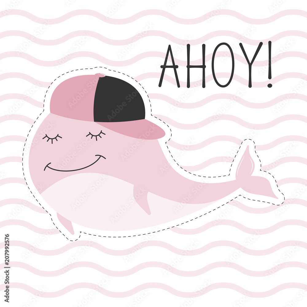 Fototapeta premium Sticker with charming pink whale