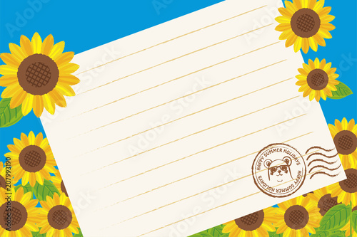 暑中見舞葉書デザイン 横 ヒマワリと便箋の背景イラスト 夏のイメージ Stock Vector Adobe Stock 暑中見舞葉書デザイン 横 ヒマワリと便箋の背景イラスト 夏のイメージ Stock Vector Adobe Stock