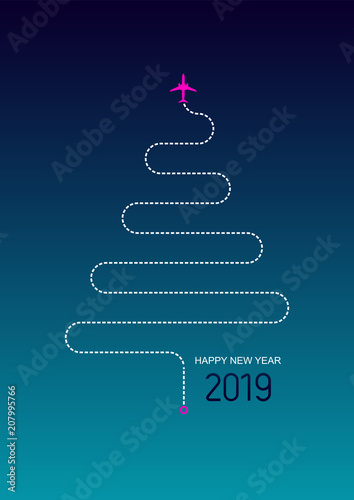 Happy New Year 2019. Travel concept. The plane left a trace of the New Year tree. Vector illustration. Isolated on blue background