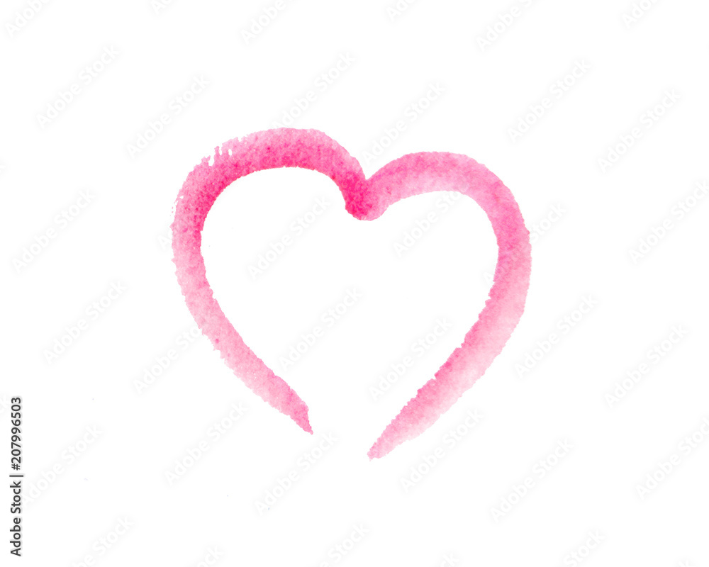 Heart shaped logo made of pink and magenta brush stroke. Watercolor hand drawn heart with rough edges. Faded  paint finish on paper.