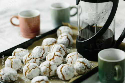 Horizontral of Amaretti Italian bsicuits with coffee cups photo