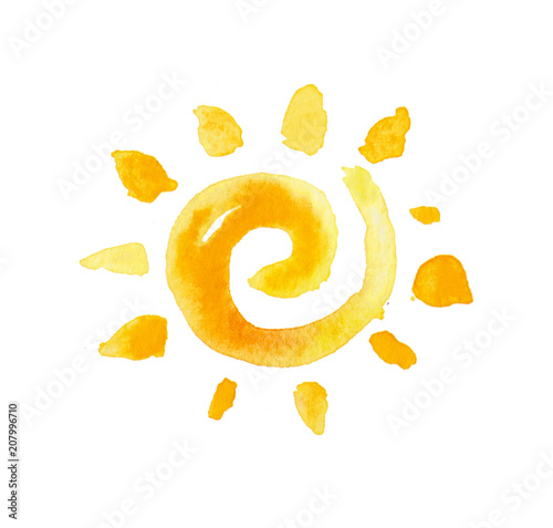 Bright sun logo symbol background made of watercolor painted strokes and shading. Yellow and Orange gradated sunny shape.. 