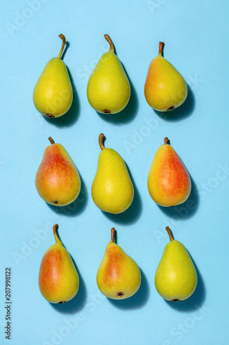 Coscia pears, an Italian pear variety, on a blue background.