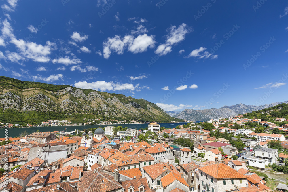 Summertime view of the bay of Kotor and the old city of Kotor, Montenegro.