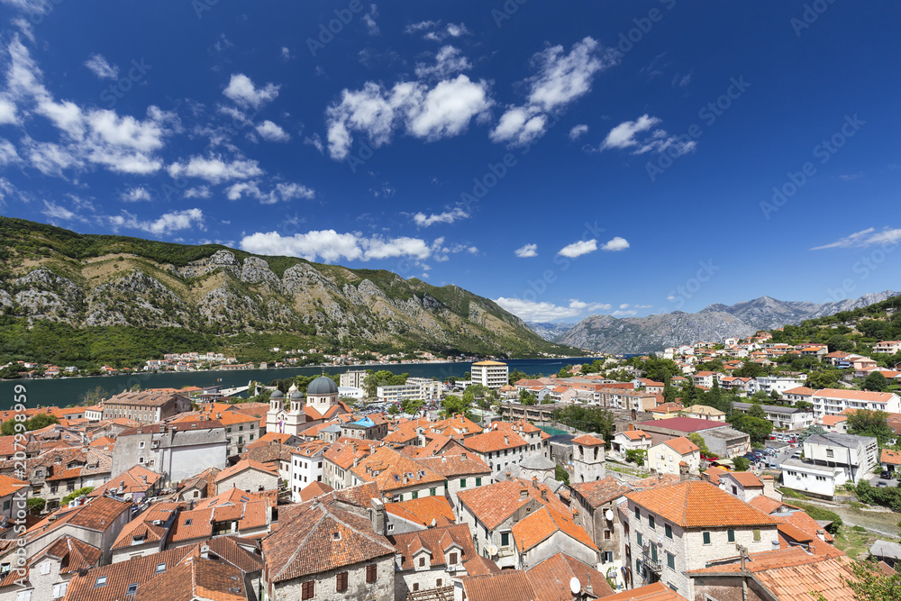 Wide angle view of Kotor, Montenegro from above.