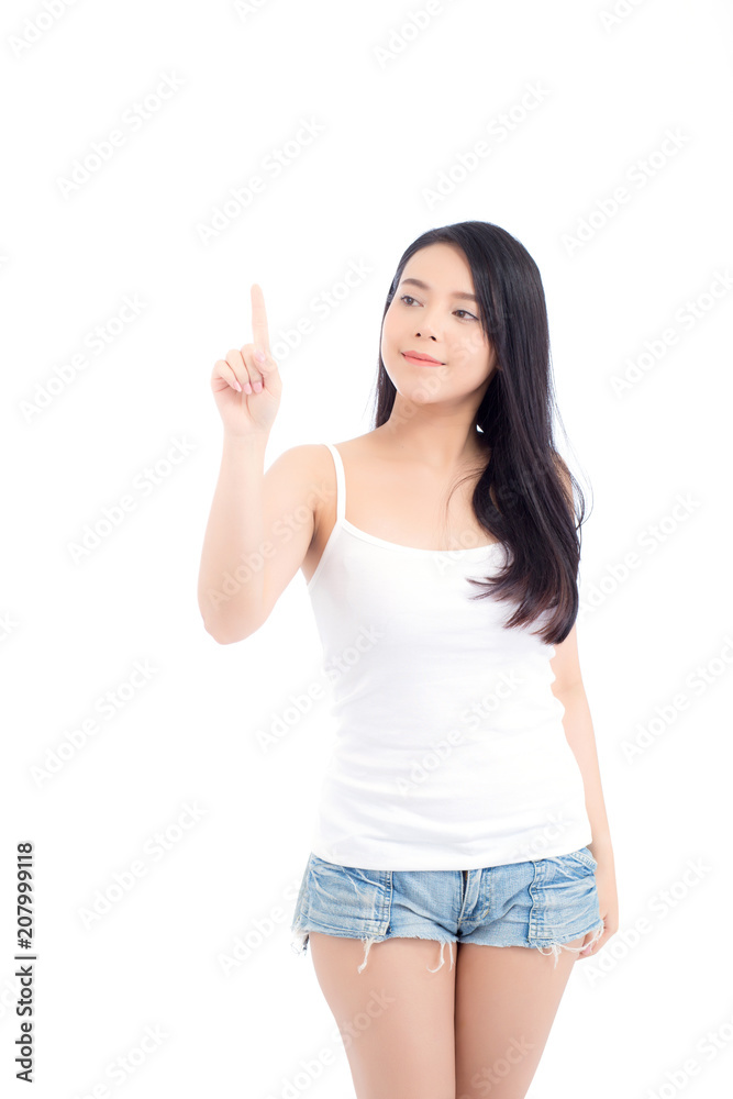 Portrait of beautiful asian woman makeup of cosmetic, beauty of girl with face smile and finger point something attractive isolated on white background, perfect with wellness and healthcare concept. Portrait of beautiful asian woman makeup of cosmetic, beauty of girl with face smile and finger point something attractive isolated on white background, perfect with wellness and healthcare concept.