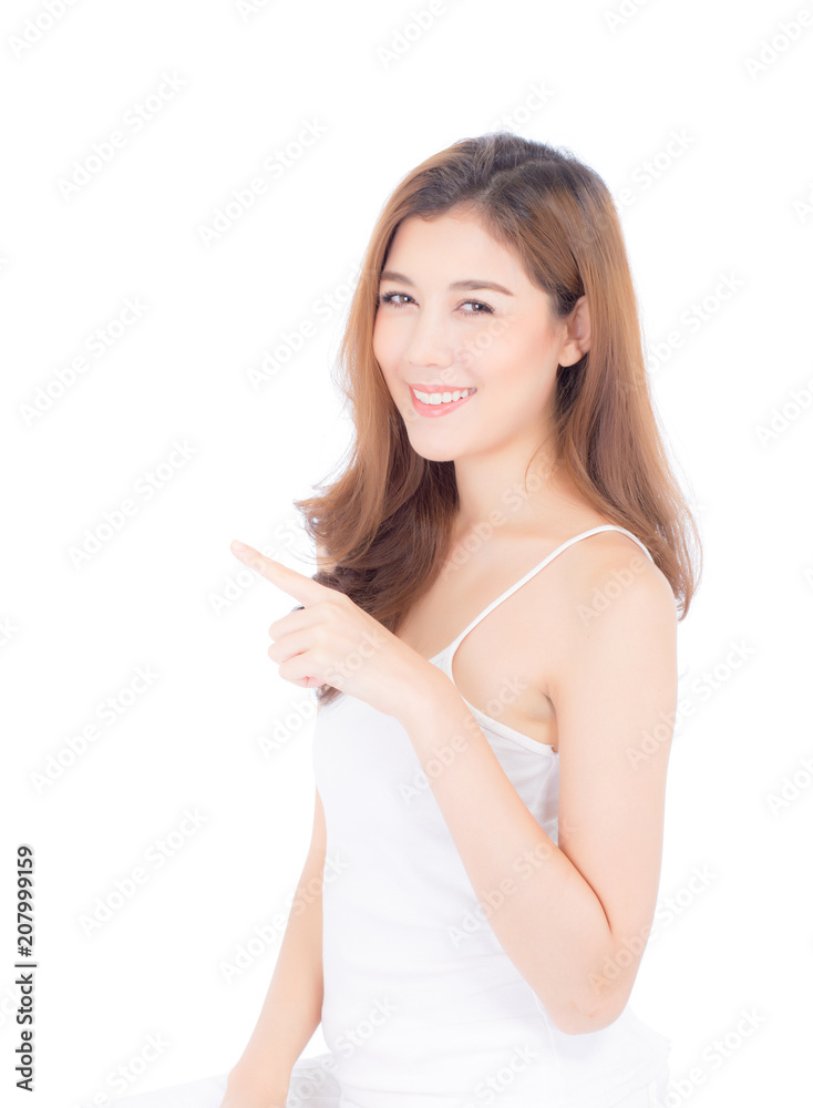 Asian beautiful young woman showing with healthy clean skin presenting something empty copy space on the hand isolated on white background, beauty concept. Asian beautiful young woman showing with healthy clean skin presenting something empty copy space on the hand isolated on white background, beauty concept.