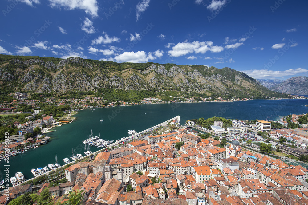 Old walled city of Kotor and surrounding mountains and bay.
