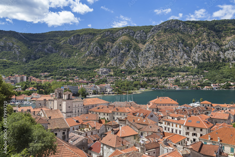 Dramatic mountains behind the world famous walled city of Kotor, Montenegro.