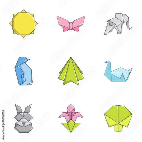 Paper figurine icons set. Cartoon set of 9 paper figurine vector icons for web isolated on white background