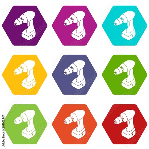 Cordless drill icons 9 set coloful isolated on white for web