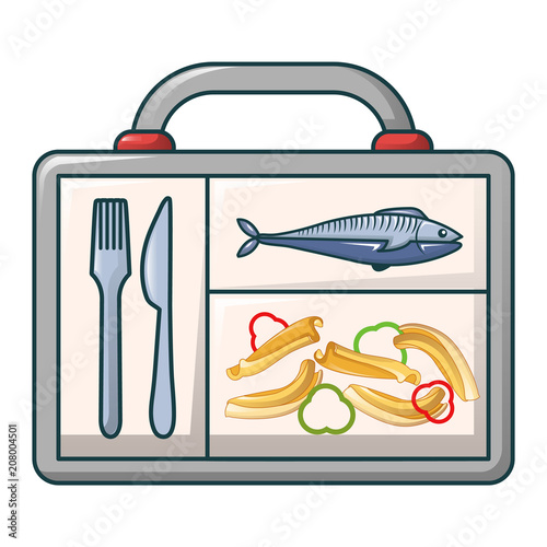 Fish and pasta in case icon. Cartoon of fish and pasta in case vector icon for web design isolated on white background