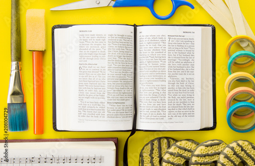 Cuadro en lienzo Background of a Bible with Objects for Biblical Education such as VBS