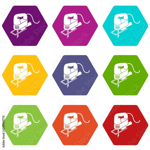 Corded jig saw icons 9 set coloful isolated on white for web