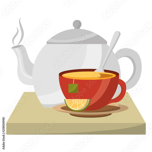 teapot porcelain and cup spoon lemon utensil vector illustration
