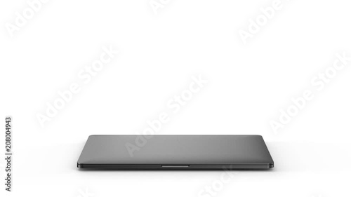 Laptop with blank screen isolated on white background. Whole in focus.