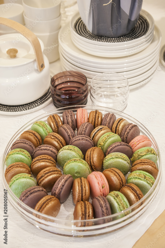 A plate of Macaron cookies ready for guests at a party. A plate of Macaron cookies ready for guests at a party.