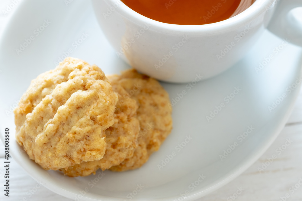 Cereal cookies and tea, selective focus. Cereal cookies and tea, selective focus.