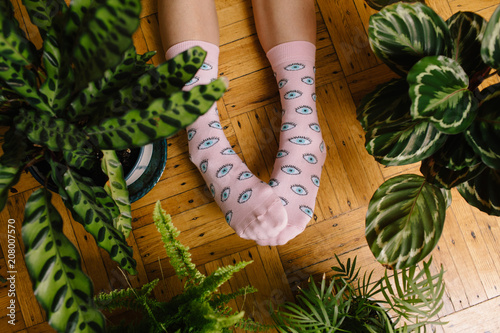 Pink socks with eyes among green plants photo