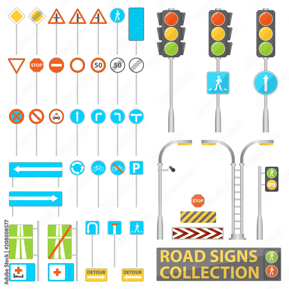 Mega collection of road signs. Road elements with street light, traffic light and signs. Vector illustration.