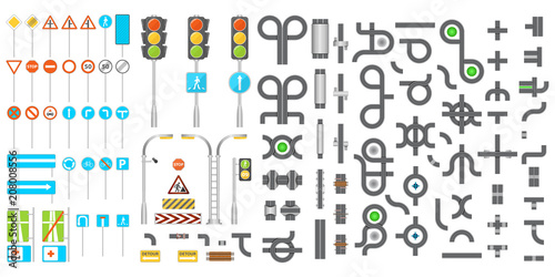 Mega collection of road junctions and road signs. Vector illustration.