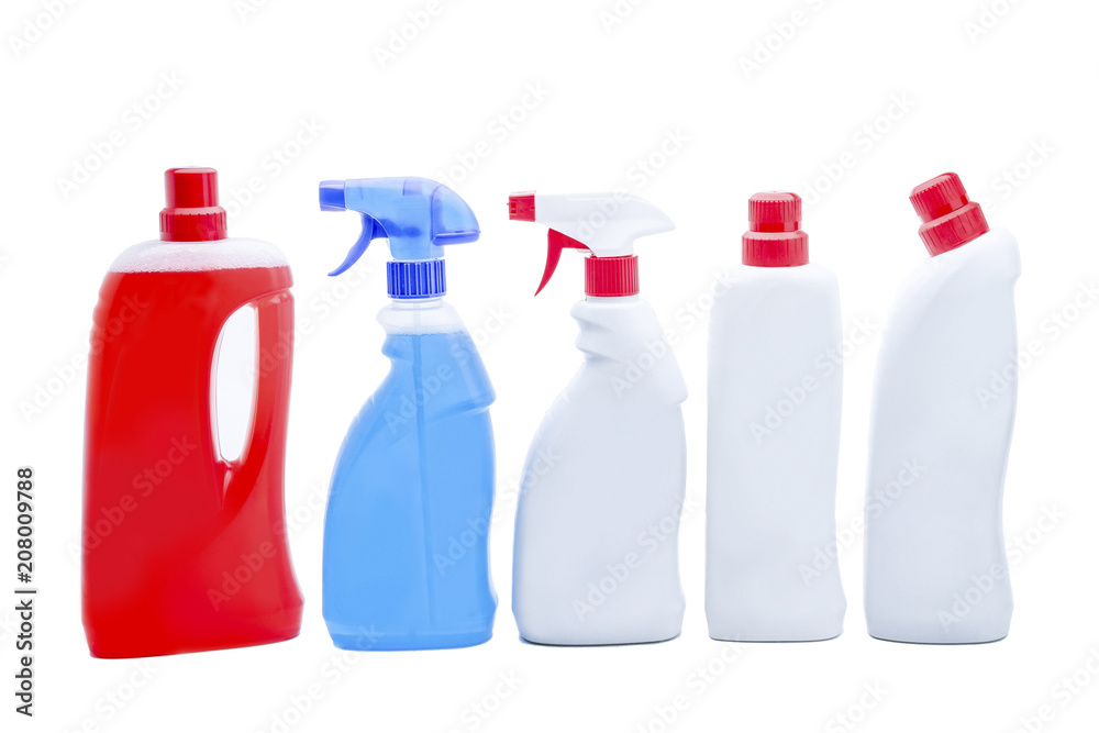 Unlabeled Household Cleaner Dispenser and Spray Bottles Over White Background Unlabeled Household Cleaner Dispenser and Spray Bottles Over White Background