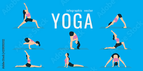 Woman doing fitness and yoga exercises. Lunges and squats. Active and healthy life concept. vector illustration. on blue background. icons of girl doing sport