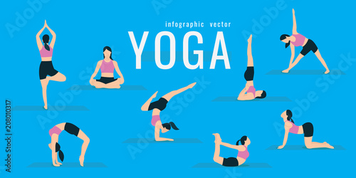 Woman doing fitness and yoga exercises. Lunges and squats. Active and healthy life concept. vector illustration. on blue background. icons of girl doing sport