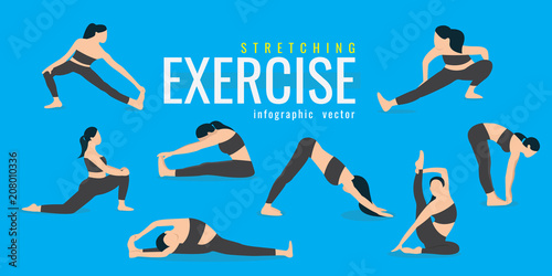 Woman Stretching exercises. Active and healthy life concept. vector illustration. on blue background. icons of girl doing sport