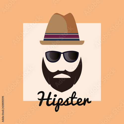 Hipster style design with man face with hat and glasses over orange background, colorful design. vector illustration