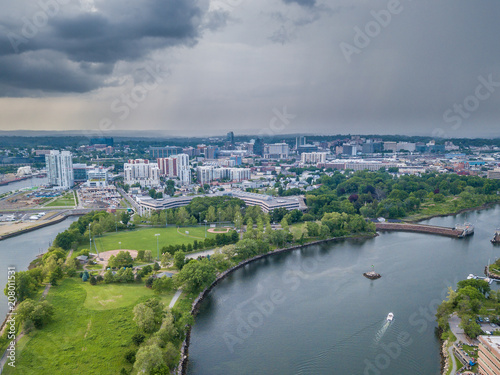 Aerial waterfront city panorama