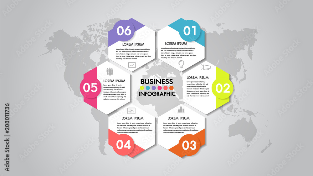 Business infographics Vector illustration  Organization chart with 6 options. Template for brochure, business, web design, hexagons. Vector template.