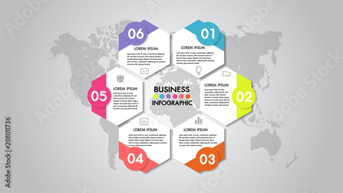 Business infographics Vector illustration  Organization chart with 6 options. Template for brochure  business  web design  hexagons. Vector template.