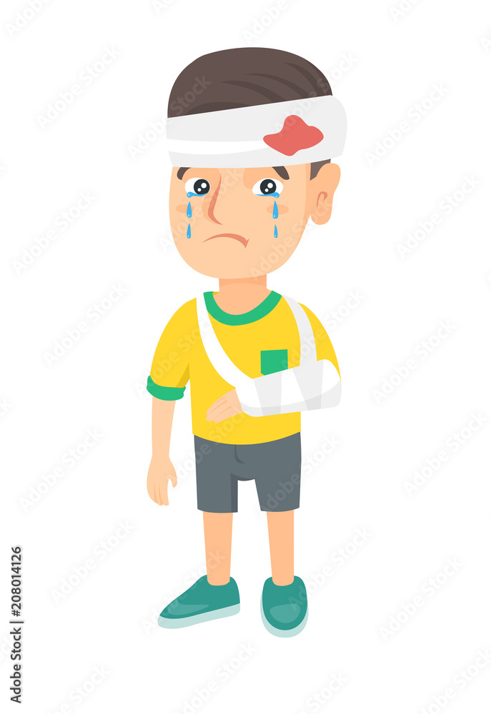 Caucasian injured boy with broken arm and bandaged head. Crying little boy  having head and arm injury. Vector sketch cartoon illustration isolated on  white background. Stock Vector | Adobe Stock