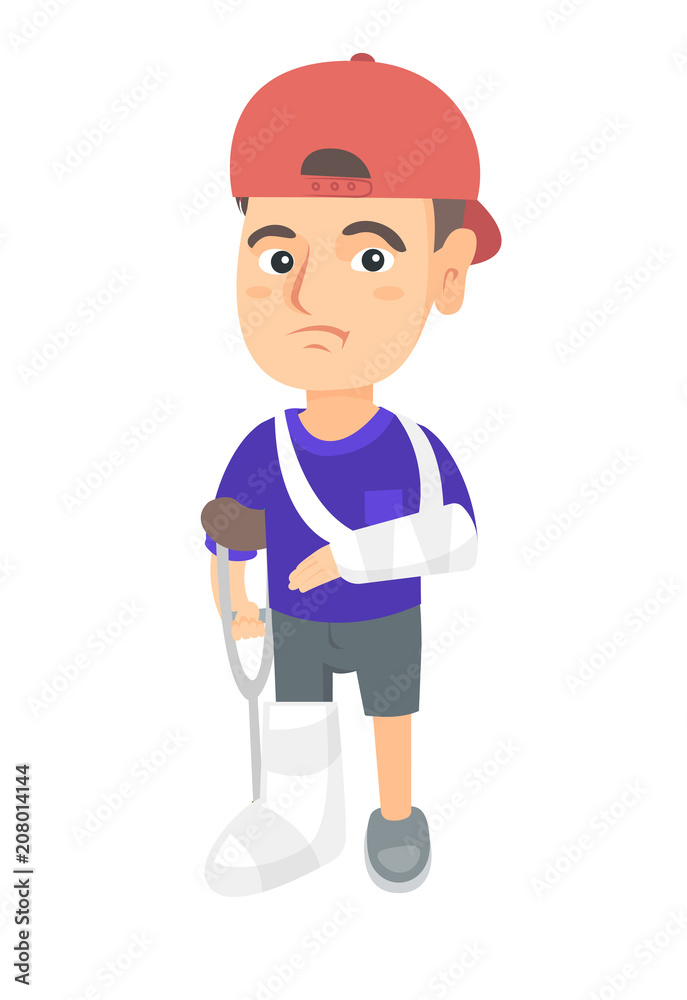 Caucasian sad injured boy with broken arm and leg in gypsum. Full length of upset injured little boy standing on crutches. Vector sketch cartoon illustration isolated on white background. Caucasian sad injured boy with broken arm and leg in gypsum. Full length of upset injured little boy standing on crutches. Vector sketch cartoon illustration isolated on white background.
