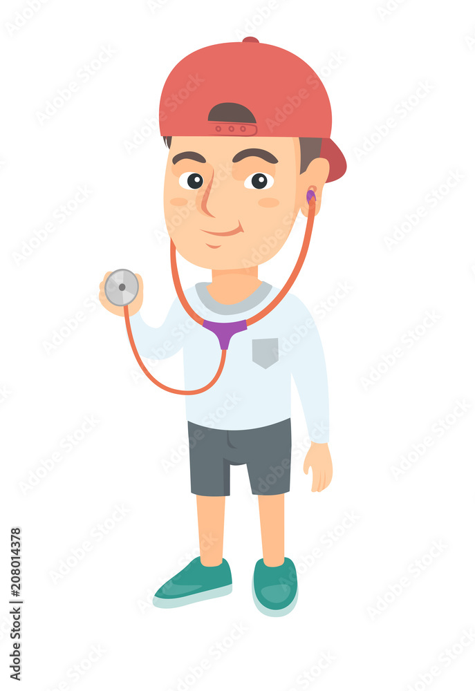 Happy caucasian little boy in doctor costume holding a stethoscope. Laughing boy wearing a doctor coat and showing a stethoscope. Vector sketch cartoon illustration isolated on white background. Happy caucasian little boy in doctor costume holding a stethoscope. Laughing boy wearing a doctor coat and showing a stethoscope. Vector sketch cartoon illustration isolated on white background.