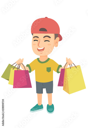 Happy caucasian boy holding shopping bags. Young smiling boy carrying shopping bags. Cheerful boy standing with a lot of shopping bags. Vector sketch cartoon illustration isolated on white background.