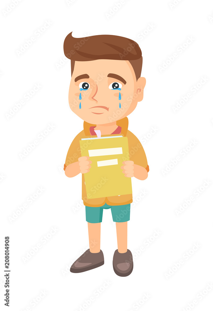 Caucasian upset little boy shedding tears and showing book. Sad boy crying and holding book in hands. Vector sketch cartoon illustration isolated on white background. Caucasian upset little boy shedding tears and showing book. Sad boy crying and holding book in hands. Vector sketch cartoon illustration isolated on white background.