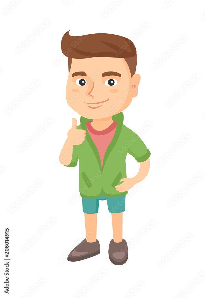Caucasian little boy giving thumb up. Full length of smiling boy with thumb up. Cheerful boy showing thumb up. Vector sketch cartoon illustration isolated on white background.