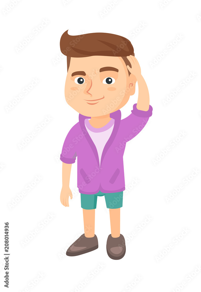 Confused caucasian little boy scratching head. Thoughtful boy scratching his head. Puzzled boy scratching his head. Vector sketch cartoon illustration isolated on white background.
