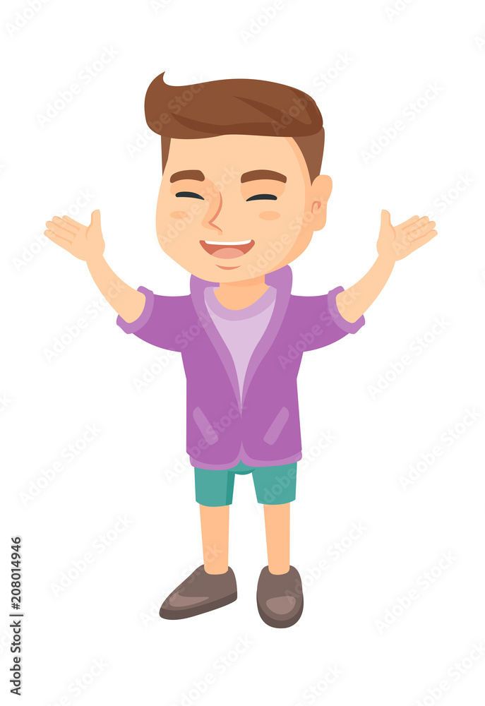 Cheerful caucasian boy standing with hands raised in the air. Full length of happy boy raising his hands and celebrating success. Vector sketch cartoon illustration isolated on white background.