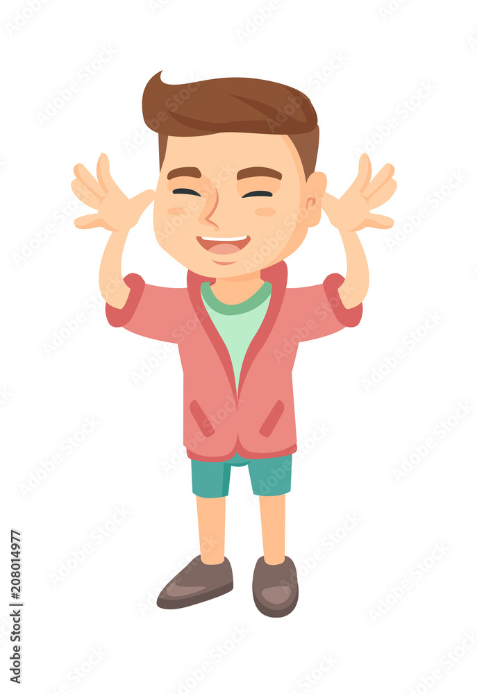 Funny caucasian boy making a grimace and playing with his hands. Happy little boy teasing with hands. Vector sketch cartoon illustration isolated on white background.