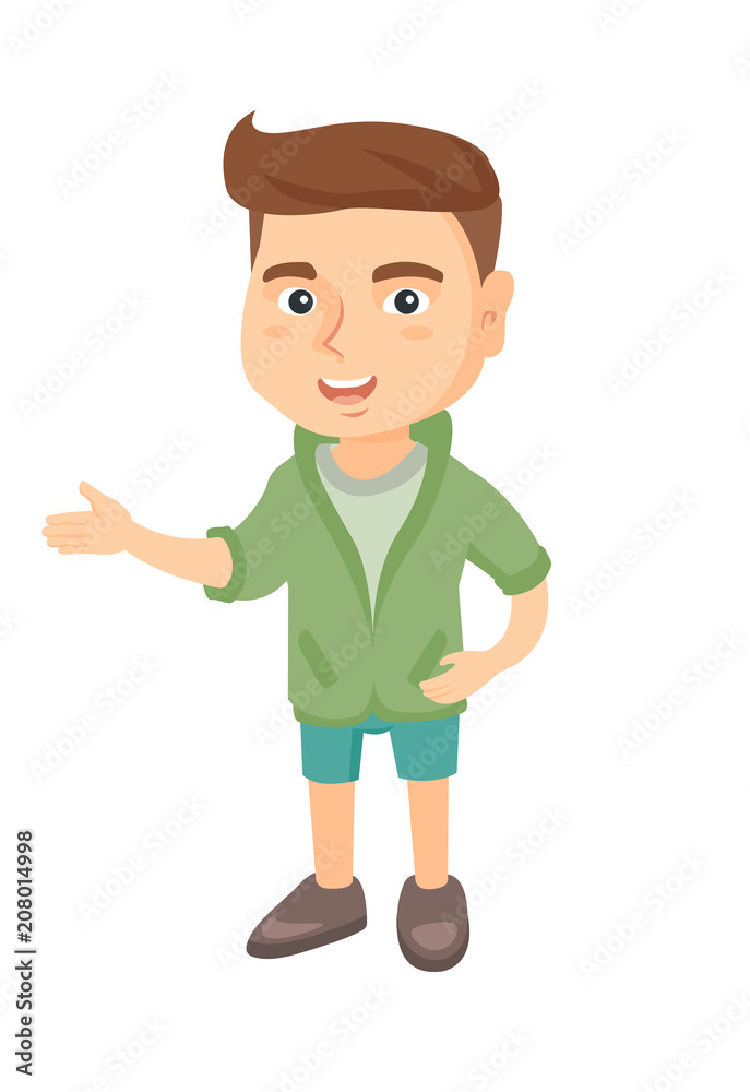 Caucasian little happy boy gesturing. Full length of cheerful boy gesturing with his hands. Boy laughing and gesturing. Vector sketch cartoon illustration isolated on white background.