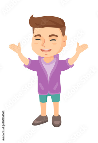 Cheerful caucasian boy standing with hands raised in the air. Full length of happy boy raising his hands and celebrating success. Vector sketch cartoon illustration isolated on white background.