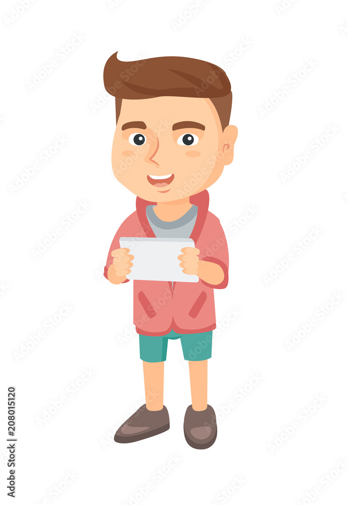 Little caucasian boy using a tablet computer. Smiling boy holding digital tablet in hands. Happy boy playing with digital tablet. Vector sketch cartoon illustration isolated on white background.
